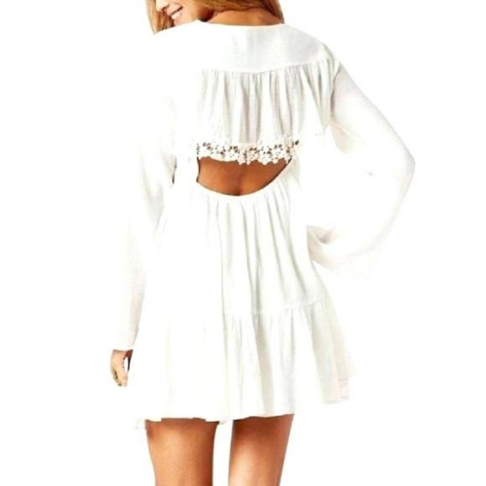 Free People Open-Back Mini Dress White Bell Sleeve